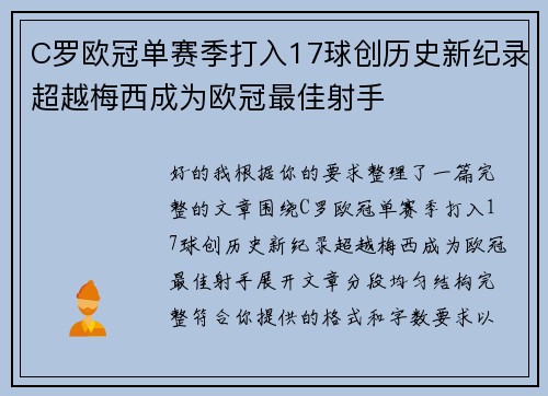 C罗欧冠单赛季打入17球创历史新纪录超越梅西成为欧冠最佳射手