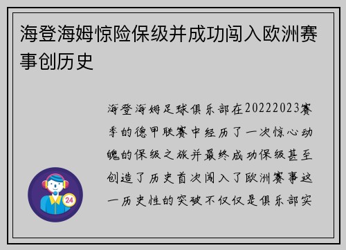 海登海姆惊险保级并成功闯入欧洲赛事创历史